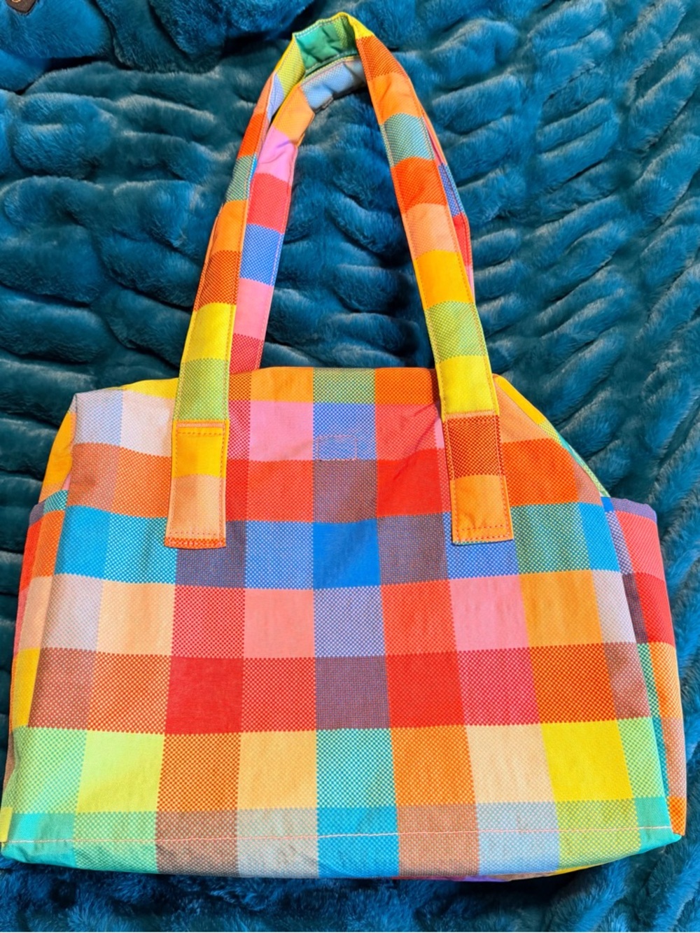 BAGGU Madras EDC Everyday Cloud Bag Rainbow Checkered Tote in Multicolor Plaid - Picture 2 of 5